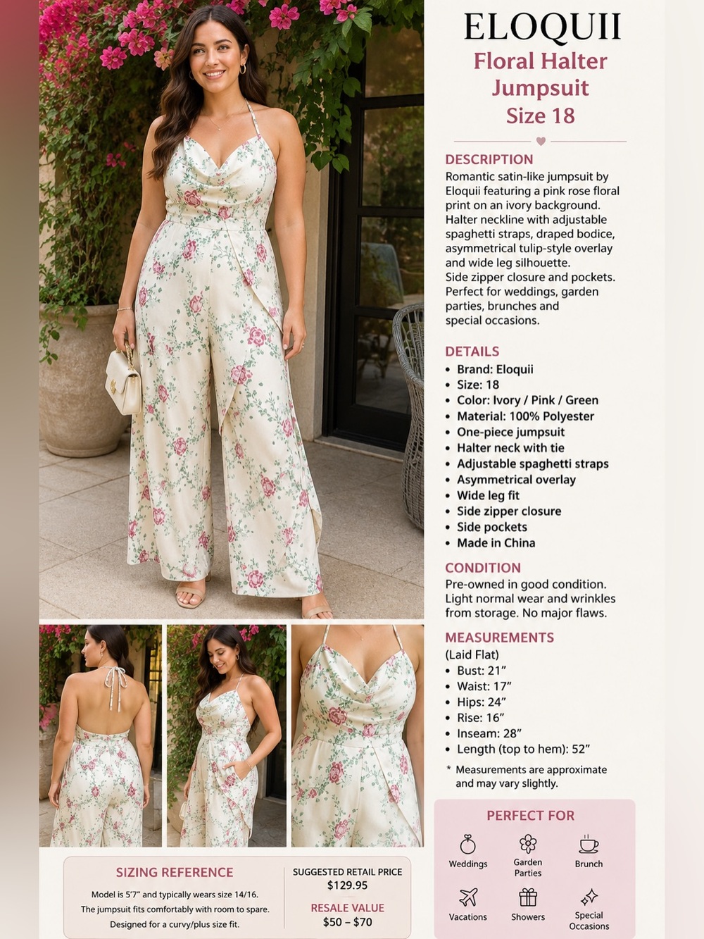 Eloquii Floral Halter Jumpsuit Size 18 Ivory Pink Rose Satin
